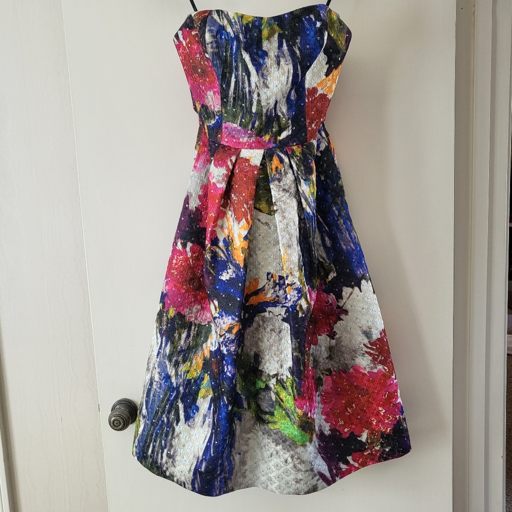Phoebe by Kay Unger Floral Tea Length Strapless Dress Bright Colorful Metallic 4
